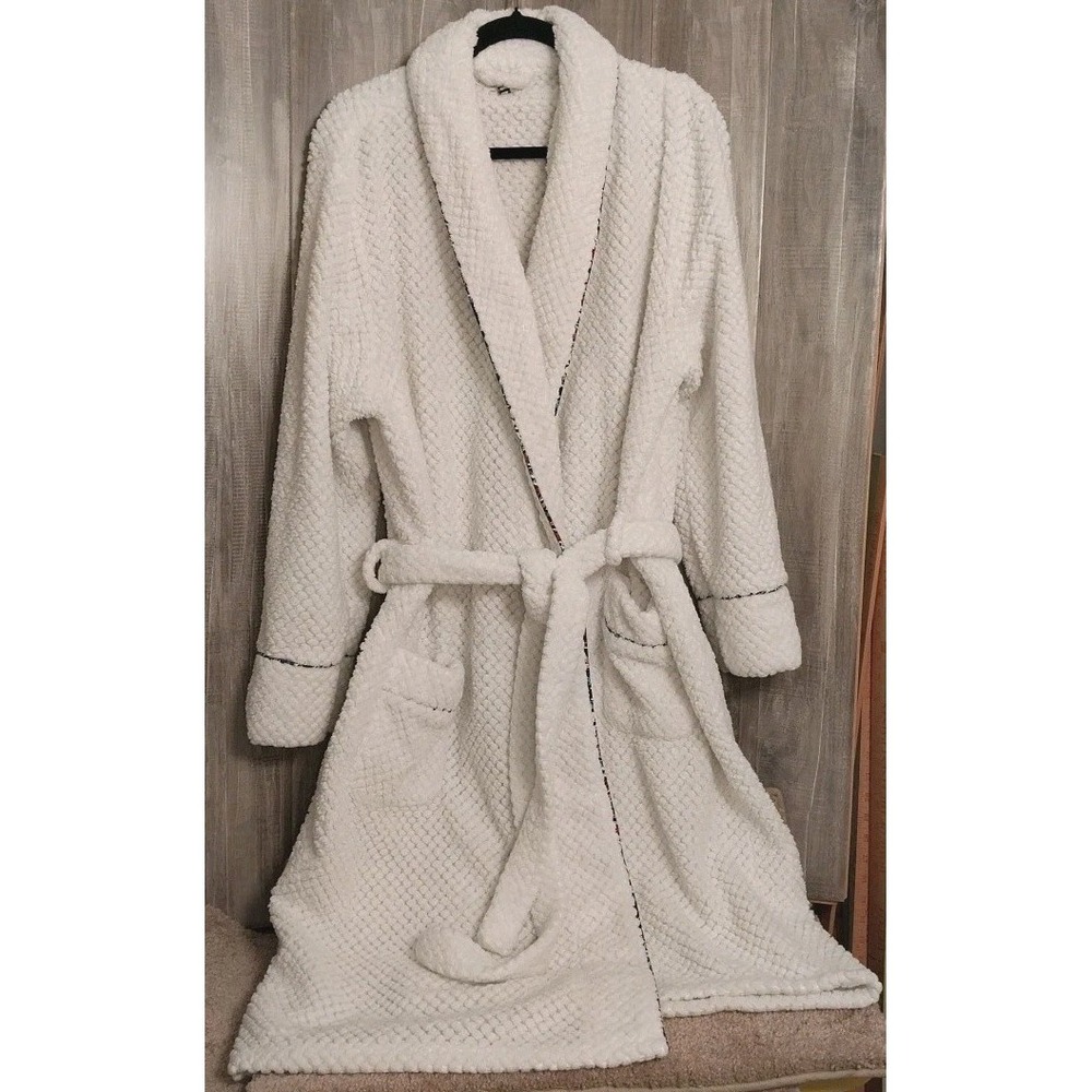 Vera Bradley Soft Sherpa Spa Robe Womens L/XL White "Stained Glass Trim" Pocket